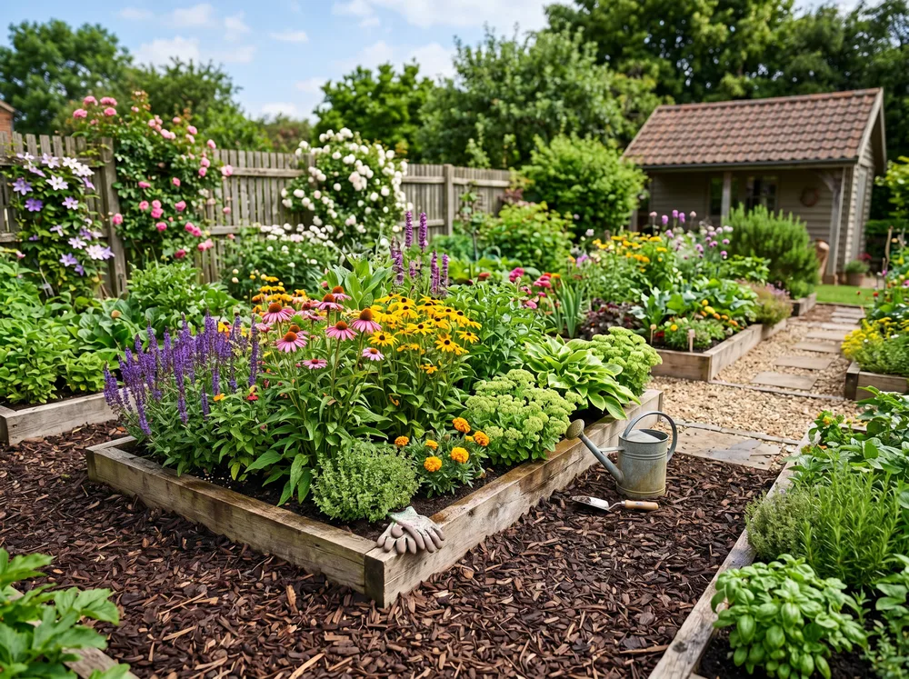 Freshly mulched and planted garden beds