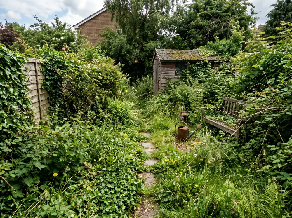 Backyard before and after a full cleanup and paver patio install